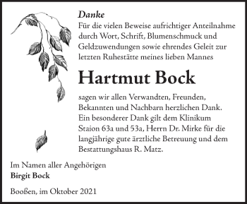 Traueranzeige von Hartmut Bock von Märkische Oderzeitung