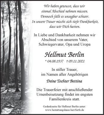 Traueranzeige von Hellmut Berlin von Märkische Oderzeitung