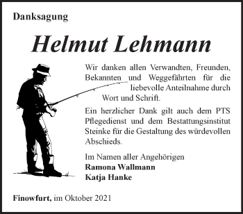 Traueranzeige von Helmut Lehmann von Märkische Oderzeitung