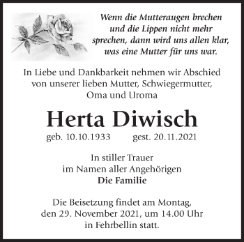 Traueranzeige von Herta Diwisch von Märkische Oderzeitung