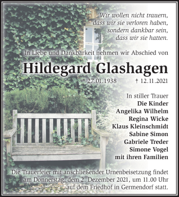 Traueranzeige von Hildegard Glashagen von Märkische Oderzeitung