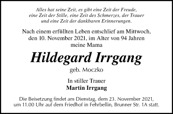 Traueranzeige von Hildegard Irrgang von Märkische Oderzeitung