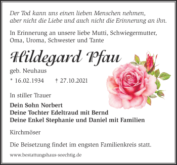 Traueranzeige von Hildegard Pfau von Märkische Oderzeitung