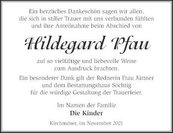 Traueranzeige von Hildegard Pfau von Märkische Oderzeitung