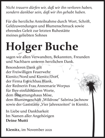 Traueranzeige von Holger Buche von Märkische Oderzeitung