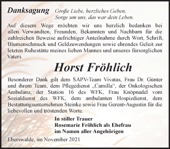 Traueranzeige von Horst Fröhlich von Märkische Oderzeitung