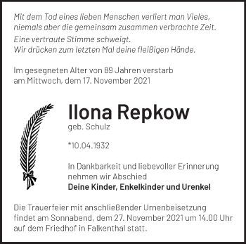 Traueranzeige von Ilona Repkow von Märkische Oderzeitung