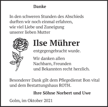 Traueranzeige von Ilse Mührer von Märkische Oderzeitung