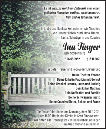 Traueranzeige von Ina Finger von Märkische Oderzeitung