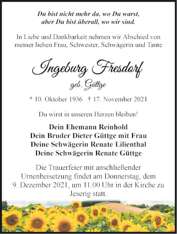 Traueranzeige von Ingeburg Fresdorf von Märkische Oderzeitung