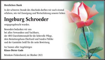 Traueranzeige von Ingeburg Schroeder von Märkische Oderzeitung