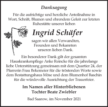 Traueranzeige von Ingrid Schäfer von Märkische Oderzeitung