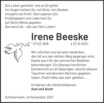 Traueranzeige von Irene Beeske von Märkische Oderzeitung