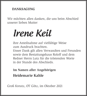 Traueranzeige von Irene Keil von Märkische Oderzeitung