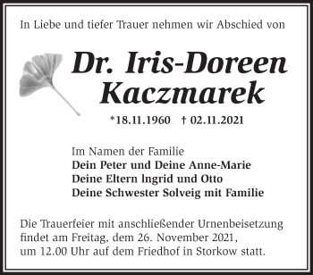 Traueranzeige von Iris-Doreen Kaczmarek von Märkische Oderzeitung