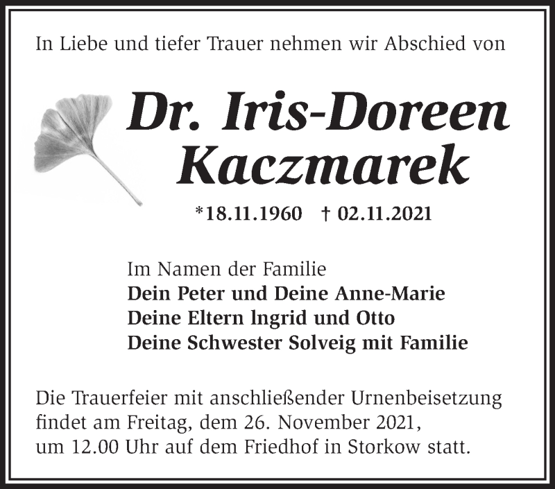  Traueranzeige für Iris-Doreen Kaczmarek vom 06.11.2021 aus Märkische Oderzeitung