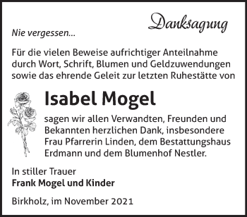 Traueranzeige von Isabel Mogel von Märkische Oderzeitung