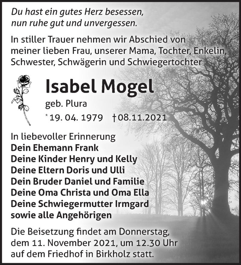  Traueranzeige für Isabel Mogel vom 10.11.2021 aus Märkische Oderzeitung