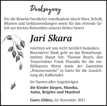 Traueranzeige von Jari Skara von Märkische Oderzeitung