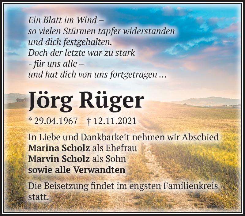  Traueranzeige für Jörg Rüger vom 16.11.2021 aus Märkische Oderzeitung
