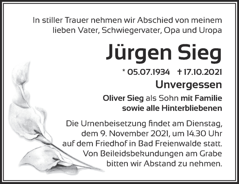  Traueranzeige für Jürgen Sieg vom 07.11.2021 aus Märkische Oderzeitung