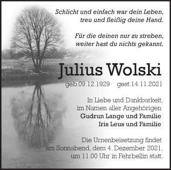 Traueranzeige von Julius Wolski von Märkische Oderzeitung