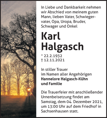 Traueranzeige von Karl Halgasch von Märkische Oderzeitung