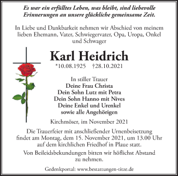 Traueranzeige von Karl Heidrich von Märkische Oderzeitung