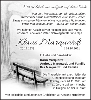 Traueranzeige von Klaus Marquardt von Märkische Oderzeitung