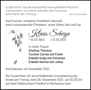 Traueranzeige von Klaus Schega von Märkische Oderzeitung