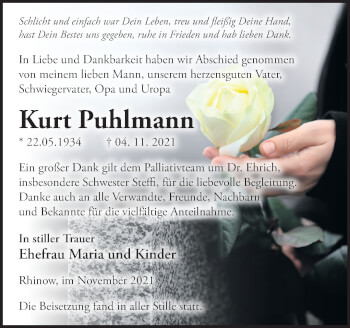 Traueranzeige von Kurt Puhlmann von Märkische Oderzeitung