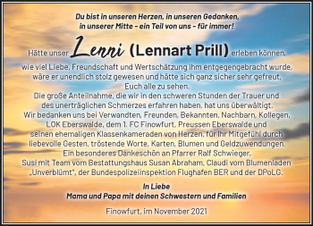 Traueranzeige von Lennart Prill von Märkische Oderzeitung