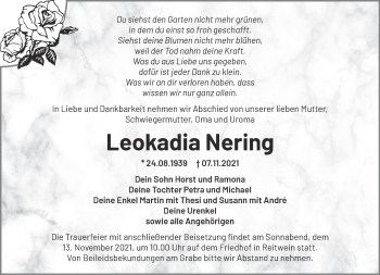 Traueranzeige von Leokadia Nering von Märkische Oderzeitung