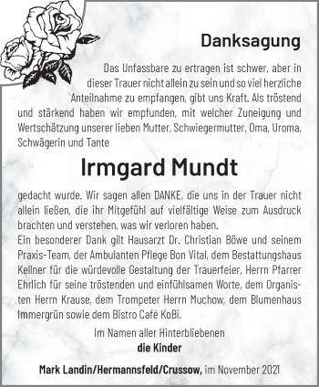 Traueranzeige von lrmgard Mundt von Märkische Oderzeitung