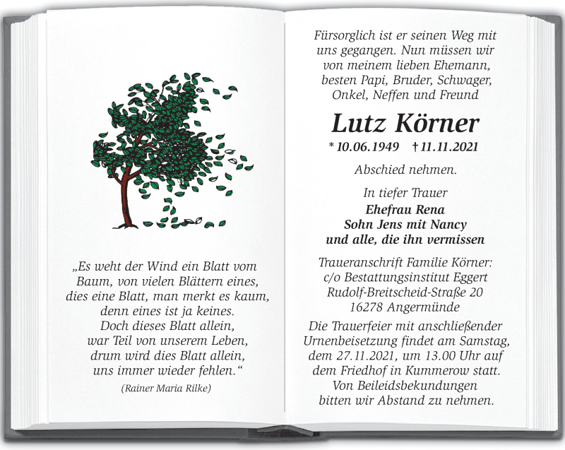  Traueranzeige für Lutz Körner vom 21.11.2021 aus Märkische Oderzeitung