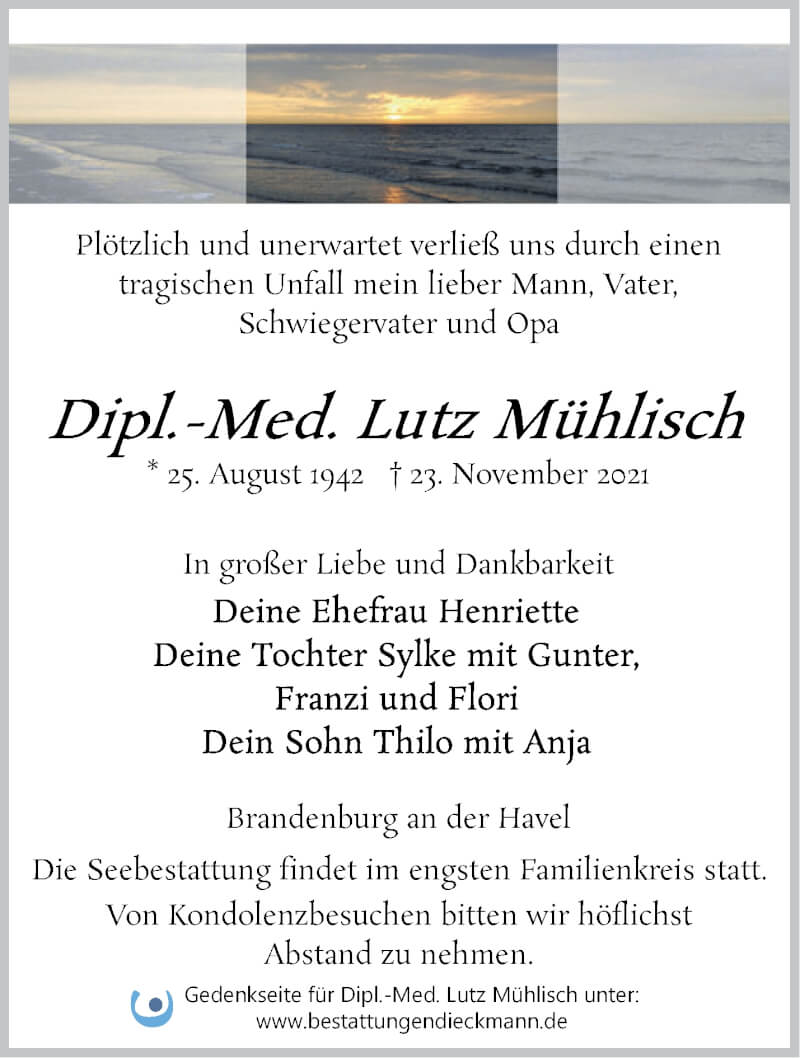  Traueranzeige für Lutz Mühlisch vom 28.11.2021 aus Märkische Oderzeitung