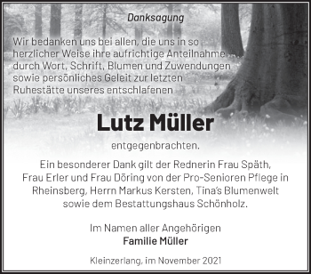 Traueranzeige von Lutz Müller von Märkische Oderzeitung