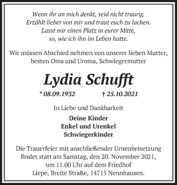 Traueranzeige von Lydia Schufft von Märkische Oderzeitung