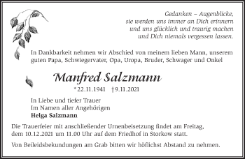 Traueranzeige von Manfred Salzmann von Märkische Oderzeitung