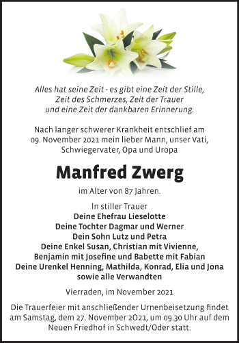 Traueranzeige von Manfred Zwerg von Märkische Oderzeitung