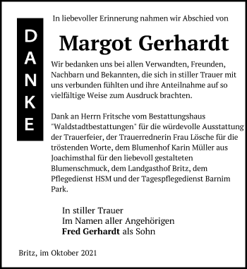 Traueranzeige von Margot Gerhardt von Märkische Oderzeitung