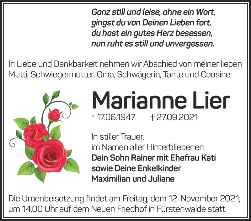  Traueranzeige für Marianne Lier vom 06.11.2021 aus Märkische Oderzeitung