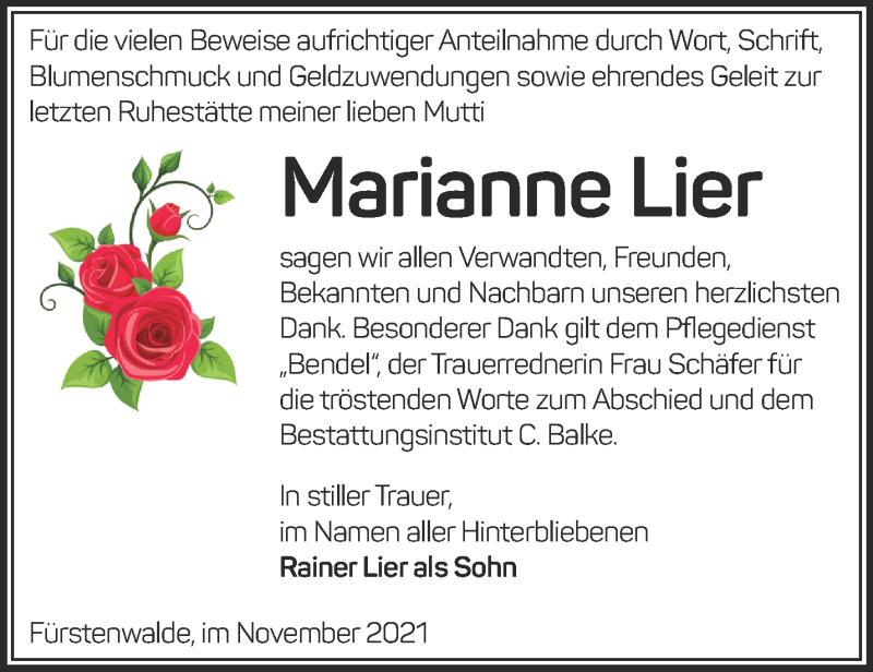  Traueranzeige für Marianne Lier vom 20.11.2021 aus Märkische Oderzeitung