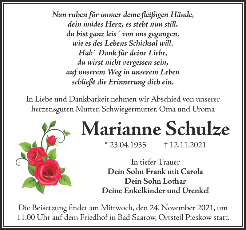  Traueranzeige für Marianne Schulze vom 20.11.2021 aus Märkische Oderzeitung