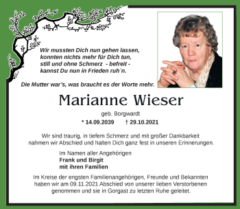 Traueranzeige von Marianne Wieser von Märkische Oderzeitung