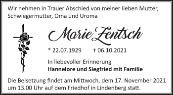 Traueranzeige von Marie Zentsch von Märkische Oderzeitung