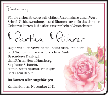 Traueranzeige von Martha Mührer von Märkische Oderzeitung