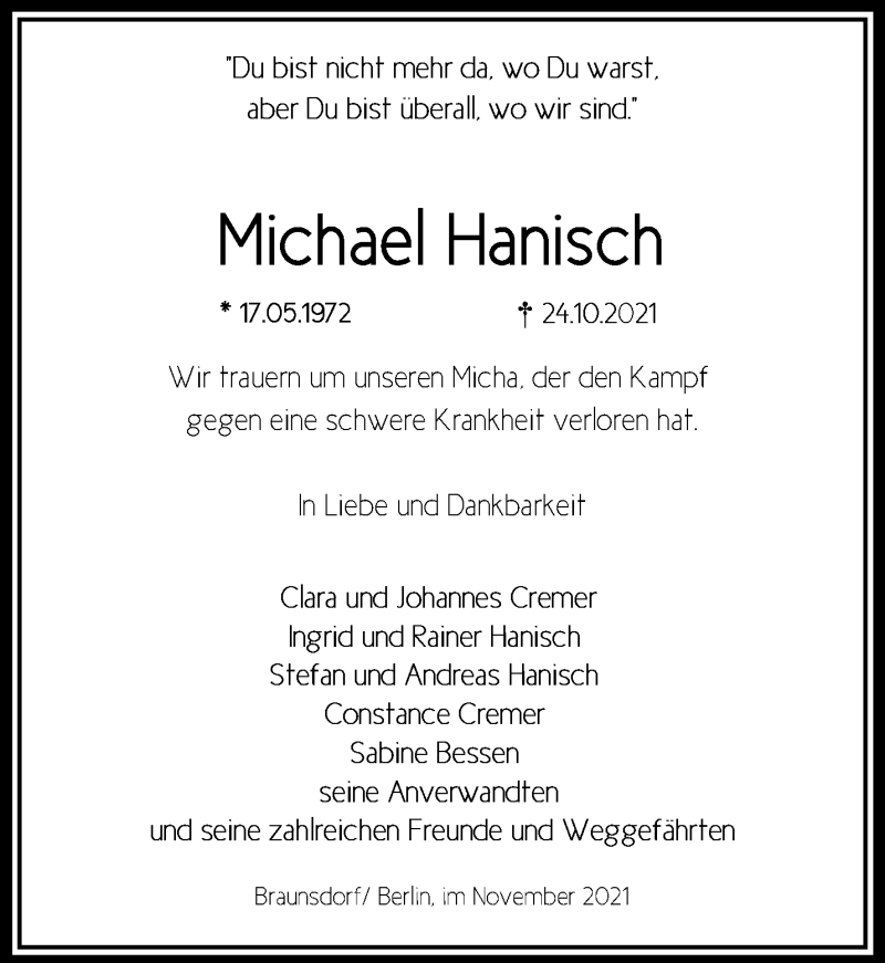  Traueranzeige für Michael Hanisch vom 09.11.2021 aus Märkische Oderzeitung