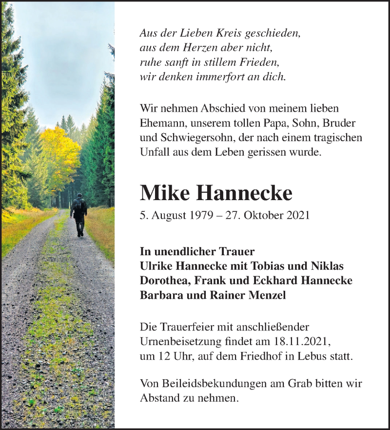  Traueranzeige für Mike Hannecke vom 13.11.2021 aus Märkische Oderzeitung