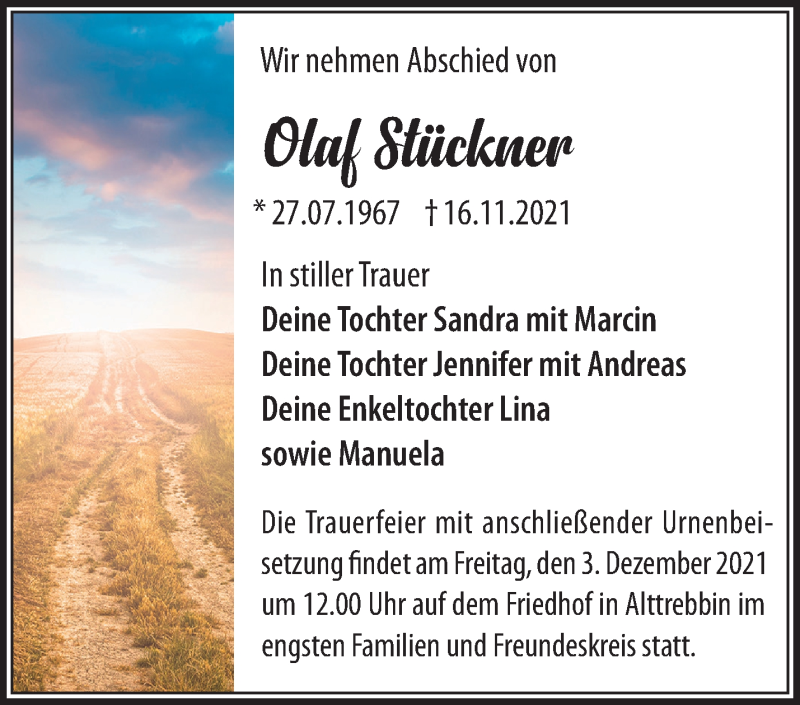  Traueranzeige für Olaf Stückner vom 27.11.2021 aus Märkische Oderzeitung